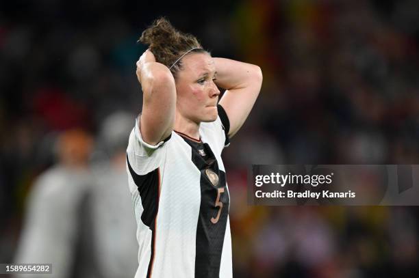 Marina Hegering of Germany looks dejected after the team's elimination from the tournament during the FIFA Women's World Cup Australia & New Zealand...