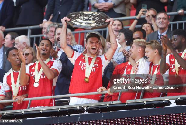 Arsenal's Declan Rice lifts the trophy during The FA Community Shield match between Manchester City against Arsenal at Wembley Stadium on August 6,...