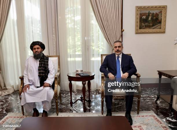 Turkish Foreign Minister Hakan Fidan meets Afghanistan's Deputy Prime Minister Mullah Abdul Ghani Baradar in Ankara, Turkiye on August 10, 2023.