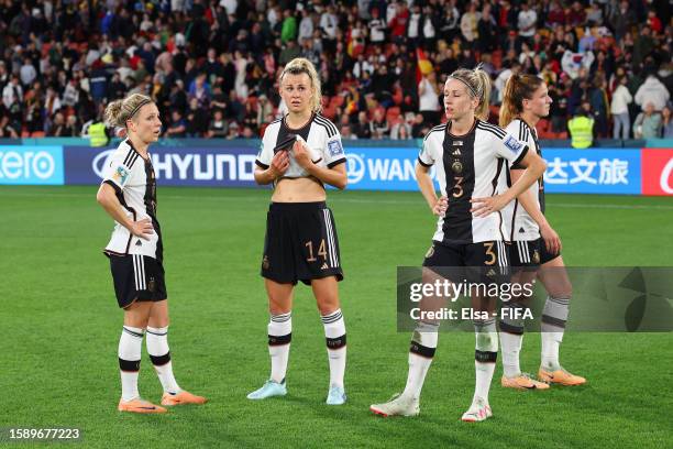 Germany players look dejected after the team's elimination from the tournament during the FIFA Women's World Cup Australia & New Zealand 2023 Group H...