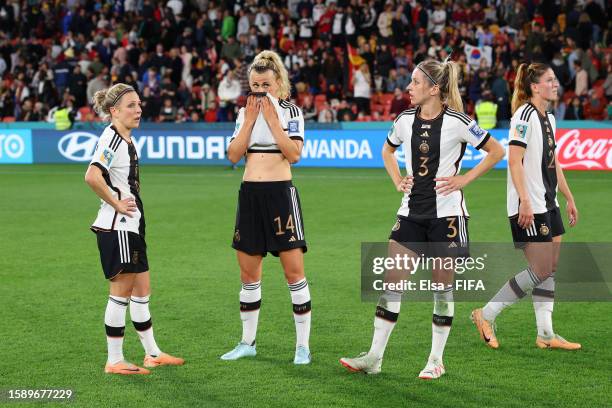 Germany players look dejected after the team's elimination from the tournament during the FIFA Women's World Cup Australia & New Zealand 2023 Group H...