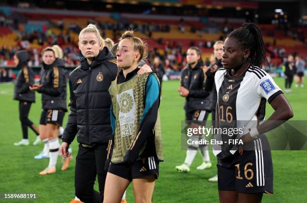 Germany players look dejected after the team's elimination from the tournament during the FIFA Women's World Cup Australia & New Zealand 2023 Group H...