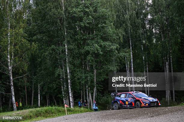 Teemu Suninen of Finland and Mikko Markkula of Finland are competing with their Hyundai Shell Mobis WRT Hyundai i20 N Rally1 Hybrid during Day One of...