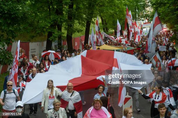 Demonstrators carry a huge white-red-white flag during the Belarusians' march on the third anniversary of the 2020 presidential election in Belarus....