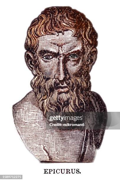 old engraved illustration of epicurus (341–270 bc) an ancient greek philosopher and sage who founded epicureanism, a highly influential school of philosophy - epicuro fotografías e imágenes de stock