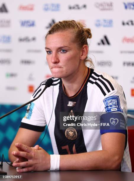Alexandra Popp of Germany speaks to the media in the post match press conference after the FIFA Women's World Cup Australia & New Zealand 2023 Group...