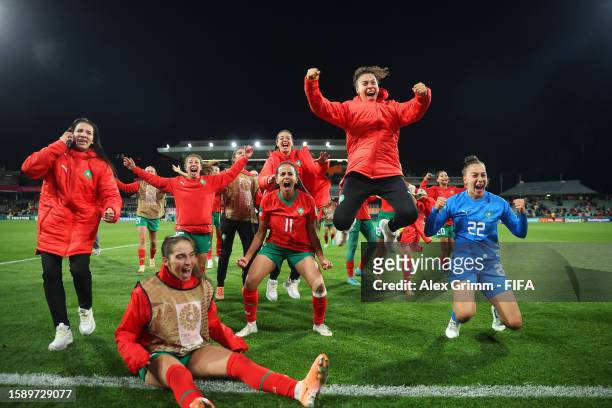 Morocco players celebrate advancing to the knock out stage after the 1-0 victory in the FIFA Women's World Cup Australia & New Zealand 2023 Group H...