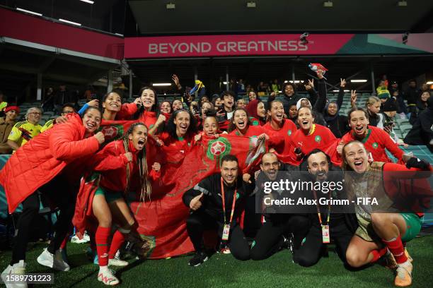 Morocco players celebrate with fans after advancing to the knock out stage after the 1-0 victory in the FIFA Women's World Cup Australia & New...