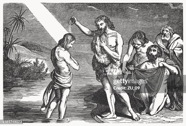 the baptism of christ (matthew 3), wood engraving, published 1837 - river jordan stock illustrations