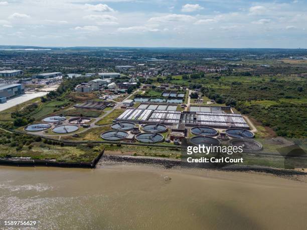 An aerial view of sewage being processed at Thames Water's Longreach Sewage Treatment Works on August 10, 2023 in Dartford, United Kingdom. A class...