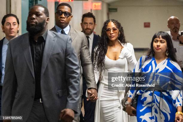 Actor Jonathan Majors, and his girlfriend, Meagan Good, flanked by his lawyer Priya Chaudhry , arrive to Manhattan Criminal Court for his pre-trial...