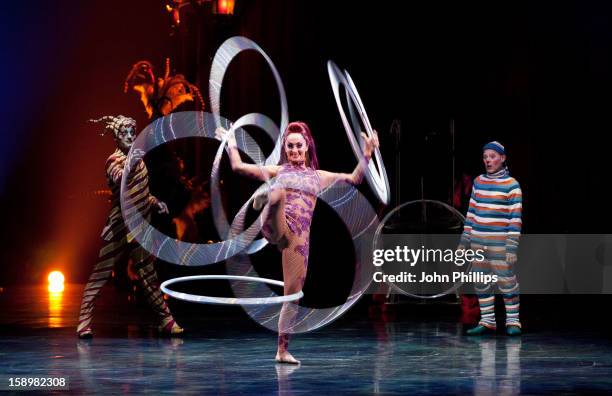 Cirque du Soleil acrobats perform during the dress rehearsal of Cirque du Soleil at Royal Albert Hall on January 4, 2013 in London, England.