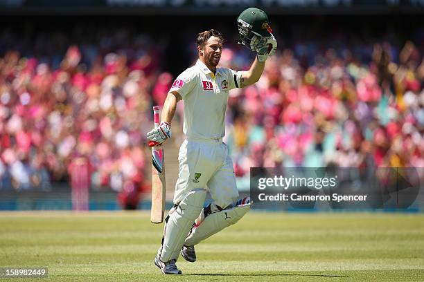 Matthew Wade of Australia celebrates scoring a century during day three of the Third Test match between Australia and Sri Lanka at Sydney Cricket...