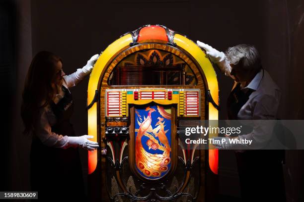 Wurlitzer jukebox owned by Freddie Mercury on display at Sotheby's on August 03, 2023 in London, England. The private collection of over 1,400 items...