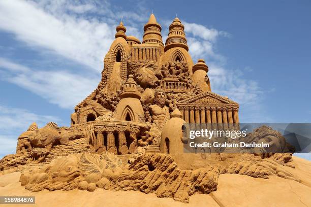 Sand sculpture entitled "Atlantis" carved by Sandis Kondis and Sue McGrew is seen at the Under the Sea sand sculpture exhibition at the Frankston...