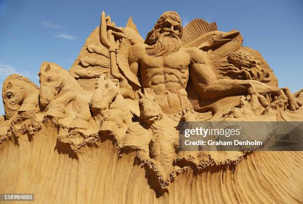 Sand sculpture entitled "Poseidon" carved by Martijn Rijerse and Hanneke Supply is seen at the Under the Sea sand sculpture exhibition at the...