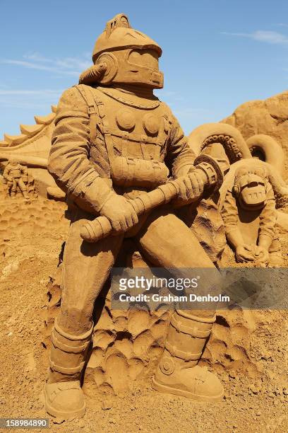 Sand sculpture entitled "20,000 Leagues Under The Sea" carved by Baldrick Buckle is seen at the Under the Sea sand sculpture exhibition at the...