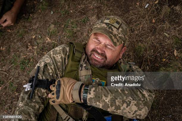 Ukrainian soldier practices how to use a tourniquet as Russia-Ukraine war continues in Donetsk Oblast, Ukraine on August 10, 2023.