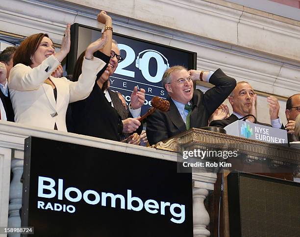 Bloomberg Radio host Tom Keene and reporter Charlie Pellett ring the NYSE Closing Bell in honor of Bloomberg Radio's 20th anniversary at the New York...