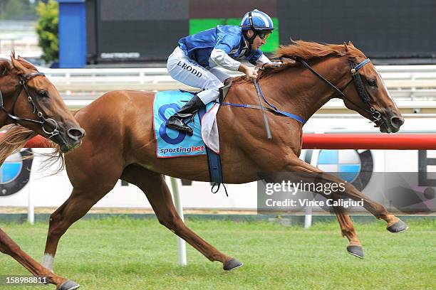 Michael Rodd riding Khalifa wins the Swettenham Stud Summer Championship Heat 5 during Caulfield racing at Caulfield Racecourse on January 5, 2013 in...