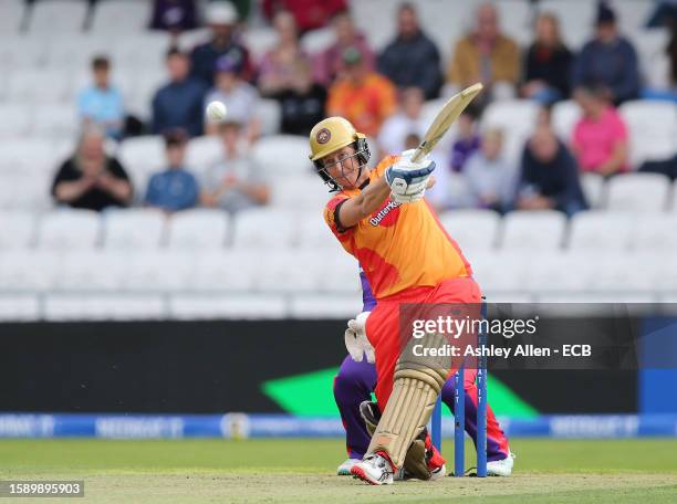 Sophie Devine of Birmingham Phoenix hits a fou during The Hundred match between Northern Superchargers Women and Birmingham Phoenix Women at...