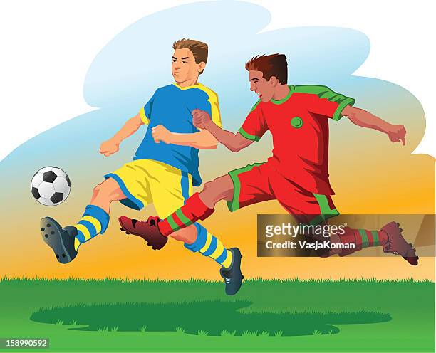 bildbanksillustrationer, clip art samt tecknat material och ikoner med two soccer players attacking the ball - midfielder soccer player