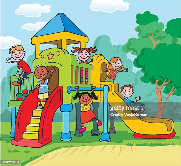 kinder spielen am spielplatz - kinderspielplatz stock-grafiken, -clipart, -cartoons und -symbole
