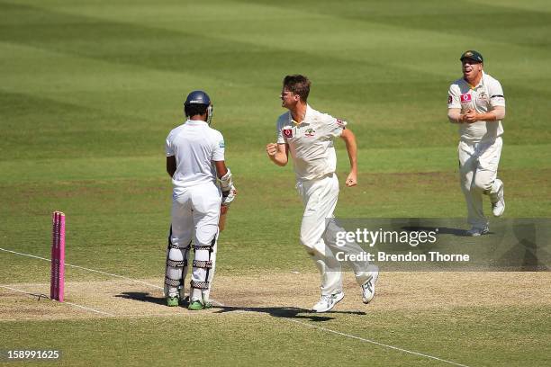 Jackson Bird of Australia celebrates after claiming the wicket of Dimuth Karunaratne of Sri Lanka during day three of the Third Test match between...