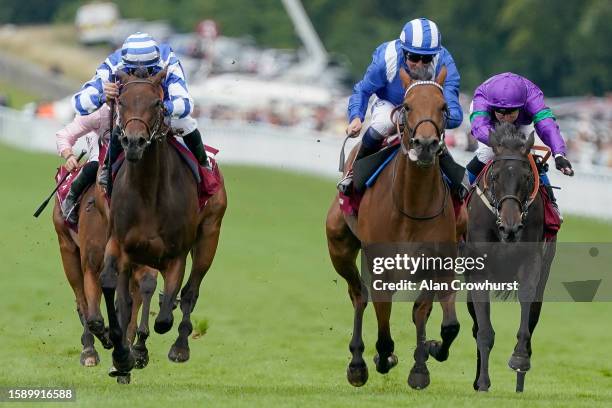 Jim Crowley riding Al Husn win The Qatar Nassau Stakes at Goodwood Racecourse on August 03, 2023 in Chichester, England.