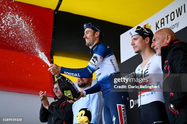 Race winner Mattia Cattaneo of Italy and Team Soudal - Quick Step and João Almeida of Portugal and UAE Team Emirates on second place pose on the...