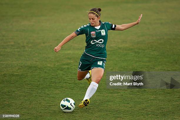 Ellie Brush of Canberra controls the ball during the round 11 W-League match between Canberra United and the Western Sydney Wanderers at McKellar...