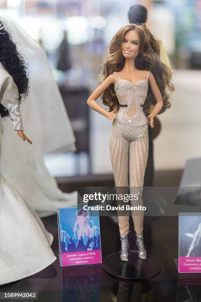 Jennifer Lopez barbie doll is seen on display at the exhibition "Barbie Film and Fashion" on August 03, 2023 in Madrid, Spain. The Los Valles de...