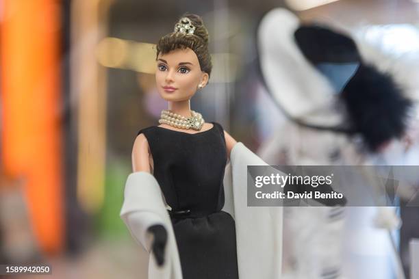 Audrey Hepburn barbie doll is seen on display at the exhibition "Barbie Film and Fashion" on August 03, 2023 in Madrid, Spain. The Los Valles de...