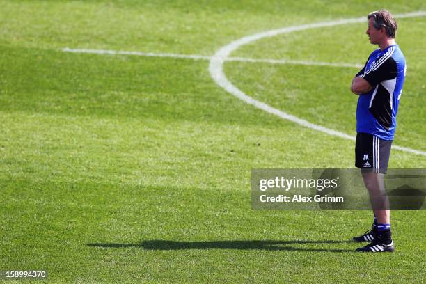 Head coach Jens Keller looks on during a Schalke 04 training session at the ASPIRE Academy for Sports Excellence on January 5, 2013 in Doha, Qatar.