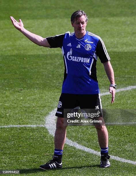 Head coach Jens Keller gestures during a Schalke 04 training session at the ASPIRE Academy for Sports Excellence on January 5, 2013 in Doha, Qatar.