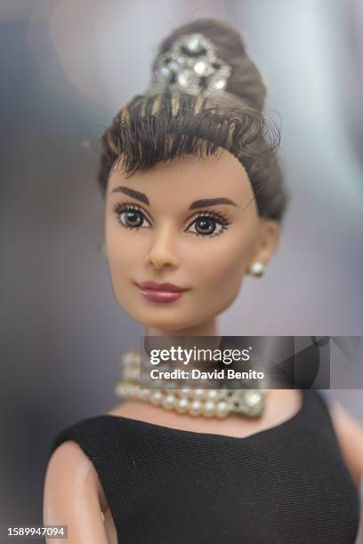 Audrey Hepburn barbie doll is seen on display at the exhibition "Barbie Film and Fashion" on August 03, 2023 in Madrid, Spain. The Los Valles de...
