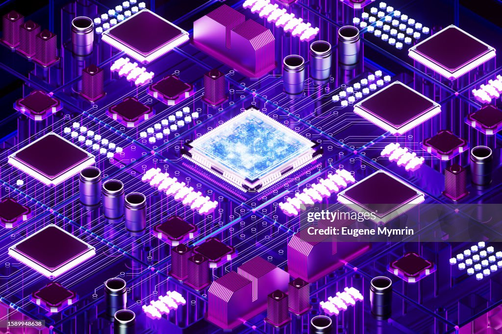Digitally generated image of purple glowing futuristic semiconductor and digital data flowing. Innovation, AI and cybersecurity concepts.