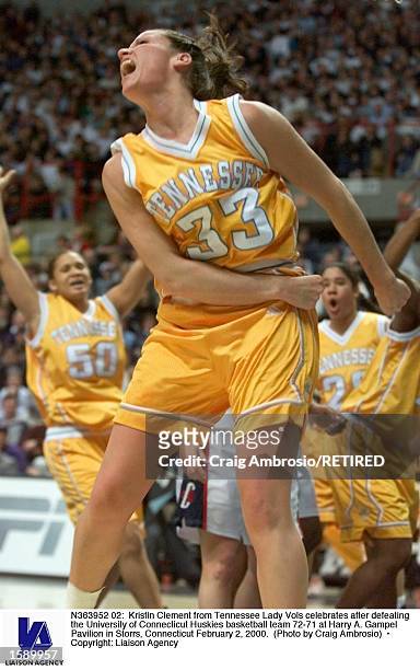 Kristin Clement from Tennessee Lady Vols celebrates after defeating the University of Connecticut Huskies basketball team 72-71 at Harry A. Gampel...