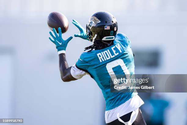 Calvin Ridley of the Jacksonville Jaguars catches a pass during Training Camp at Miller Electric Center on August 03, 2023 in Jacksonville, Florida.