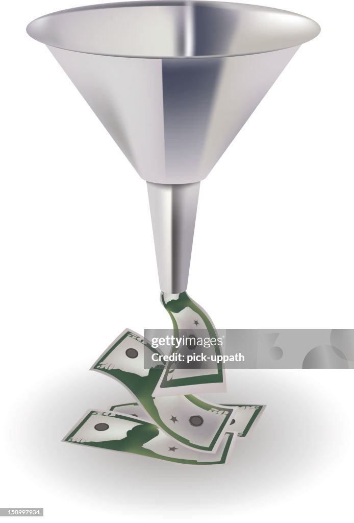 A silver funnel with green bank notes falling out the bottom