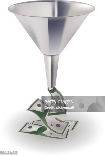 a silver funnel with green bank notes falling out the bottom - american fifty dollar bill stock illustrations