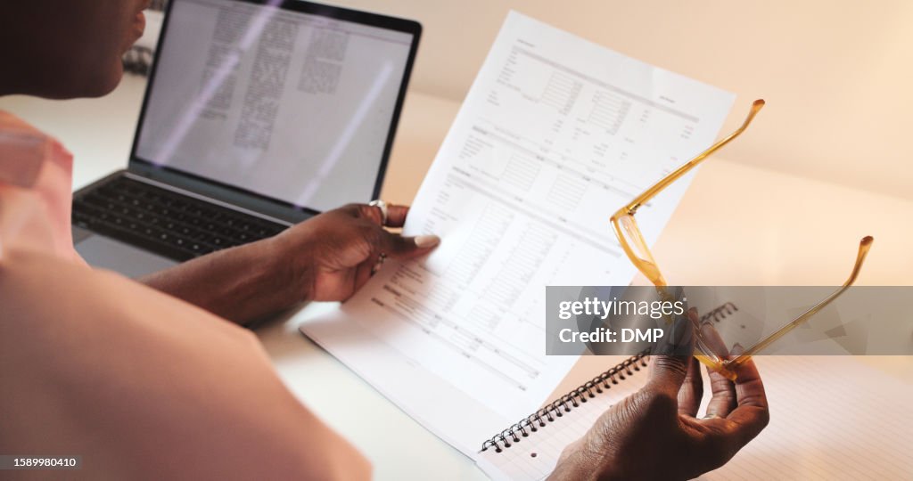 Hands, accountant and woman with document for finance, tax or audit in business office. Paperwork, auditor and person with information for bookkeeping, budget and reading data for investment planning