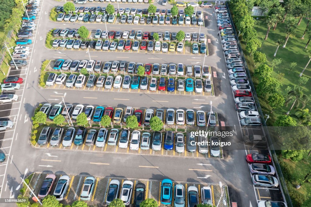 Aerial view of outdoor green parking lot