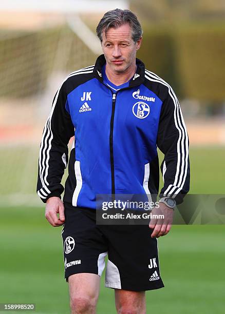 Head coach Jens Keller looks on during a Schalke 04 training session at the ASPIRE Academy for Sports Excellence on January 5, 2013 in Doha, Qatar.