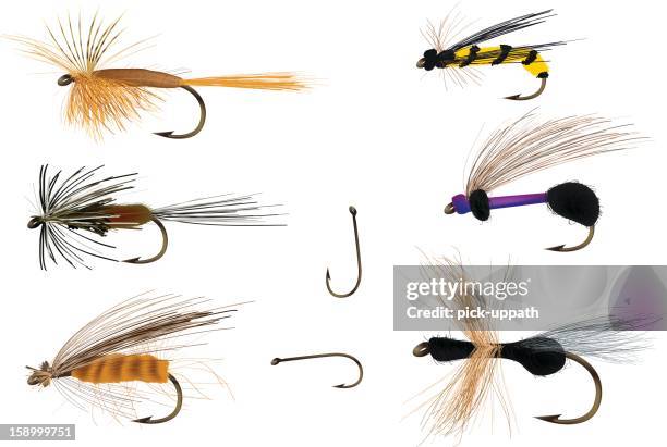 dry flies on and with fishing hooks - hook stock illustrations