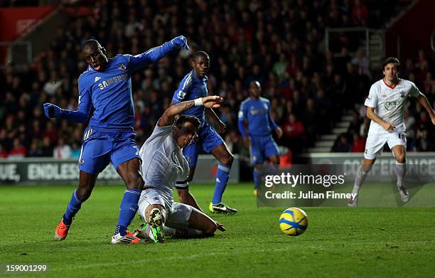 Demba Ba of Chelsea scores his second and his team's fourth goal during the FA Cup Third Round match between Southampton and Chelsea at St Mary's...