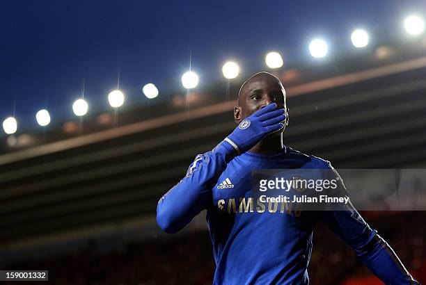 Demba Ba of Chelsea celebrates scoring his first and his teams fourth goal during the FA Cup Third Round match between Southampton and Chelsea at St...