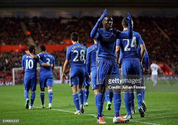 Demba Ba of Chelsea celebrates scoring his first and his teams fourth goal during the FA Cup Third Round match between Southampton and Chelsea at St...