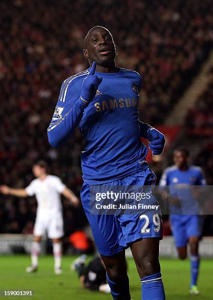 Demba Ba of Chelsea celebrates scoring his first and his teams fourth goal during the FA Cup Third Round match between Southampton and Chelsea at St...