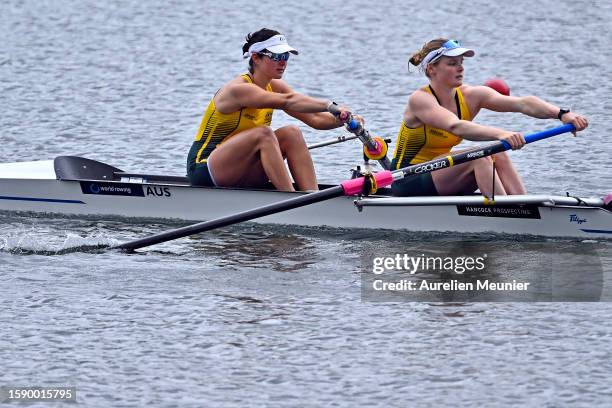 Katie Jackson and Lucy Richardson of Australia compete in the Women's Pair during the World Rowing Under 19 Championships at Vaires-sur-Marne...